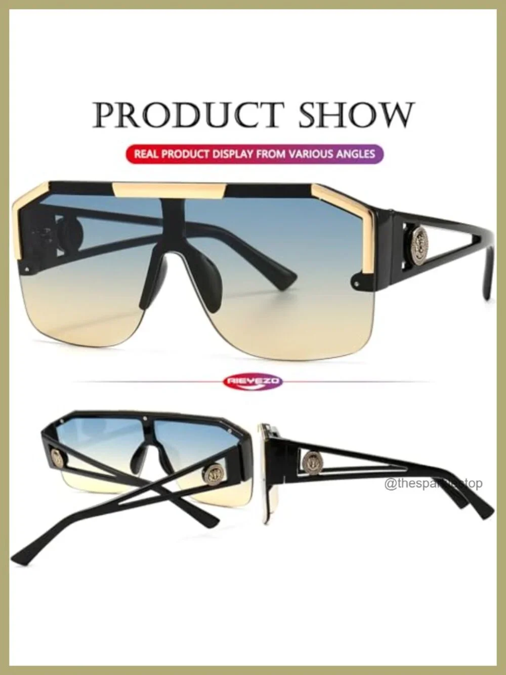 Vintage Oversized Square Shield Sunglasses Metal Frame Unisex Retro UV